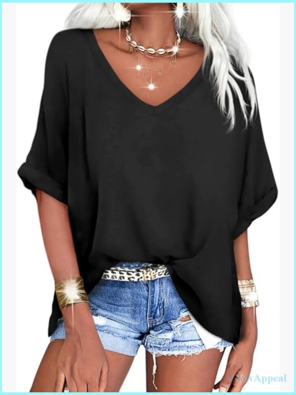 Oversized V-Neck Short Sleeve T-Shirt Loose Fit Summer Top